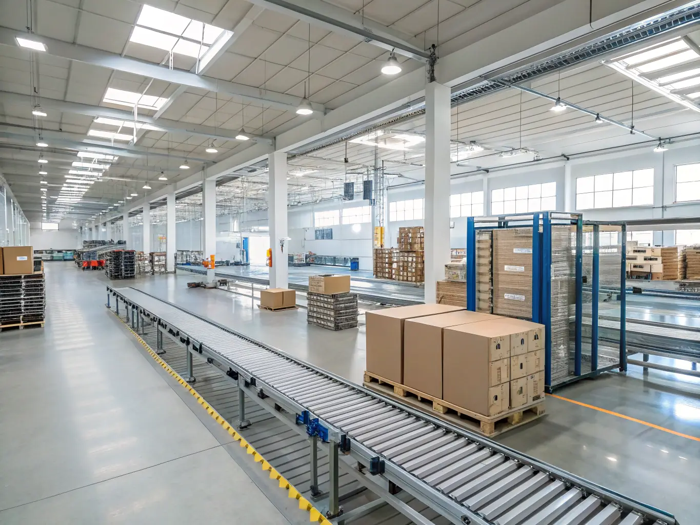 A vibrant image of a modern logistics warehouse with automated vertical storage systems, showcasing Yıldızlar R&D and Engineering's solutions for the logistics sector.