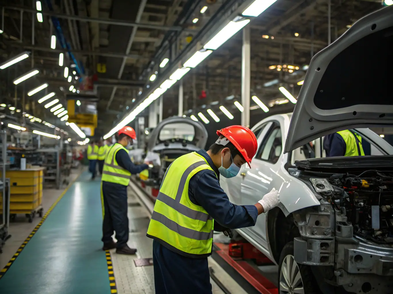 A close-up shot of engineers working on a complex automotive component in a high-tech research and development lab, emphasizing precision and innovation.