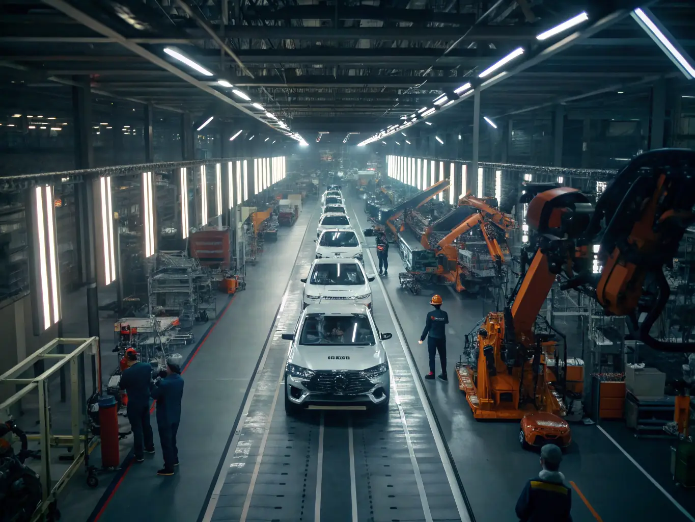 A high-angle shot of a modern automotive manufacturing plant with robotic arms assembling car parts, representing Yıldızlar R&D and Engineering's solutions for the automotive sector.