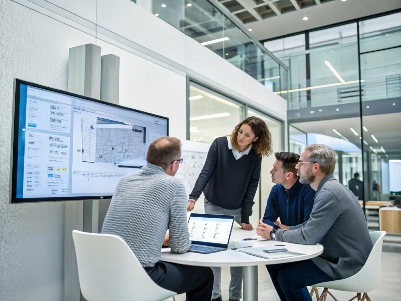 A team of engineers collaborating on a complex engineering design using advanced software, highlighting Yıldızlar R&D's expertise in providing high-value engineering support.