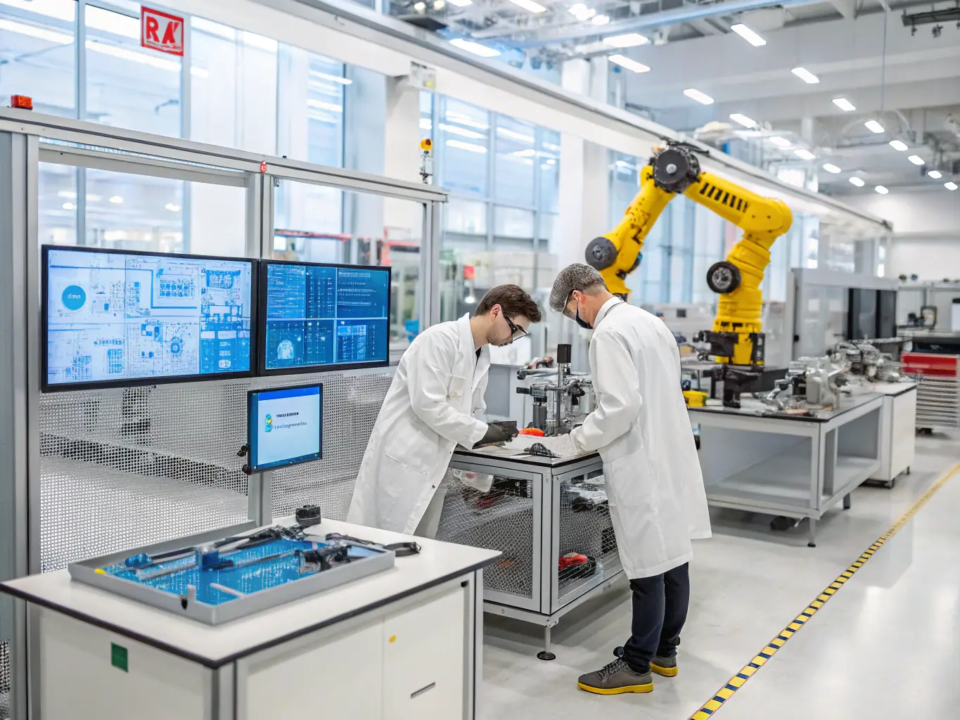 A modern, high-tech laboratory with engineers working on automated system prototypes, showcasing Yıldızlar R&D's commitment to innovation and advanced technology.